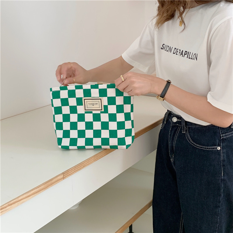 【 In Stock 】18181 checkerboard green checkered canvas bag, school-style commuter single-shoulder bag, retro hand-held tote bag undefined