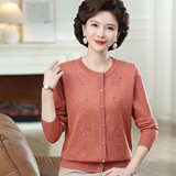 中老年女装针织开衫羊毛打底衫上衣宽松圆领春秋妈妈毛衣绣花外套，女装针织衫/毛衣，妃慕昵服饰