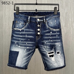 9852-1 Hole Padded Button Personality Denim European and American Cross-border Men's Shorts Washed Men's Pants Five-point Pants
