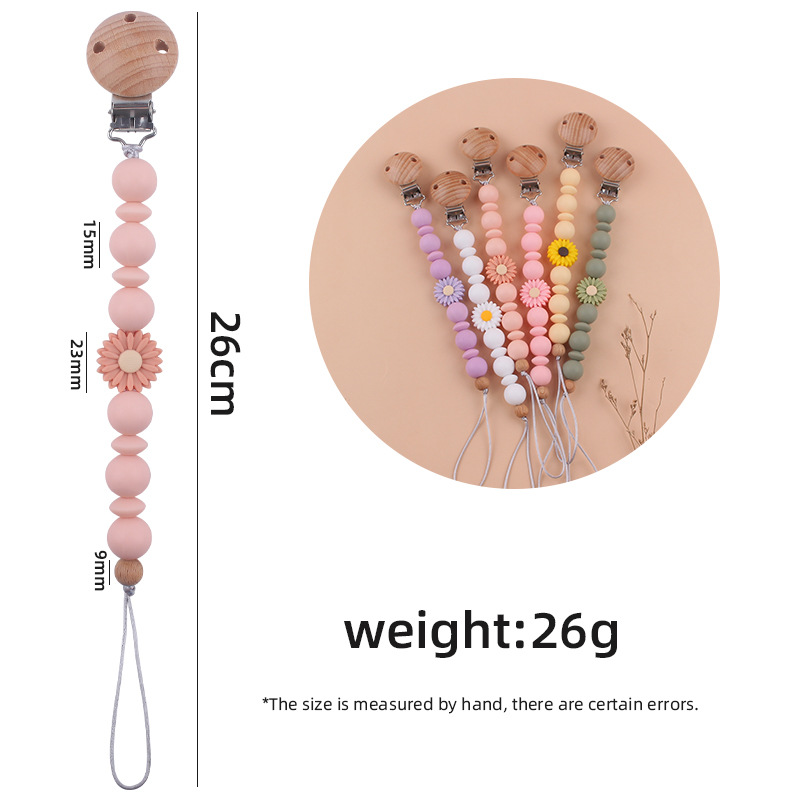 Nuevos suministros para bebés clip de chupete de haya calmante bebé dibujos animados margarita silicona anti-gota cadena chupete cadena