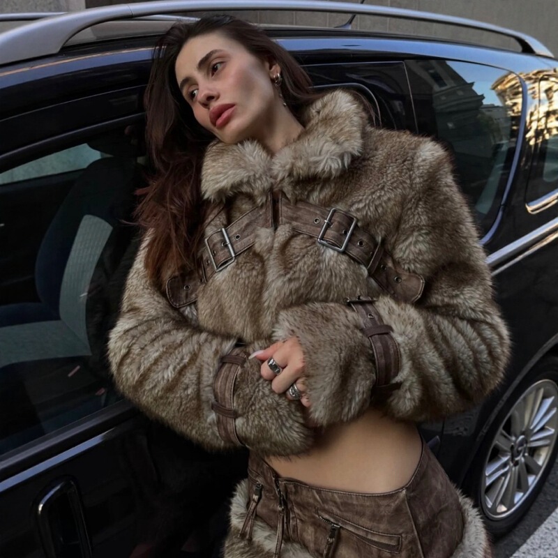 Vintage Patchwork Stand-Collar Eco-Friendly Faux Fur Retro Y2K Style Short Jacket