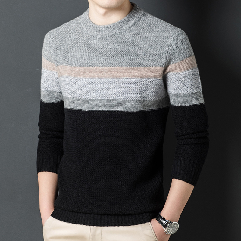 7 핀 두꺼운 100 순수 울 스웨터 남자 크루 넥 컬러 블록 니트 스웨터 젊은 및 중년 패션 스트라이프 따뜻한 스웨터