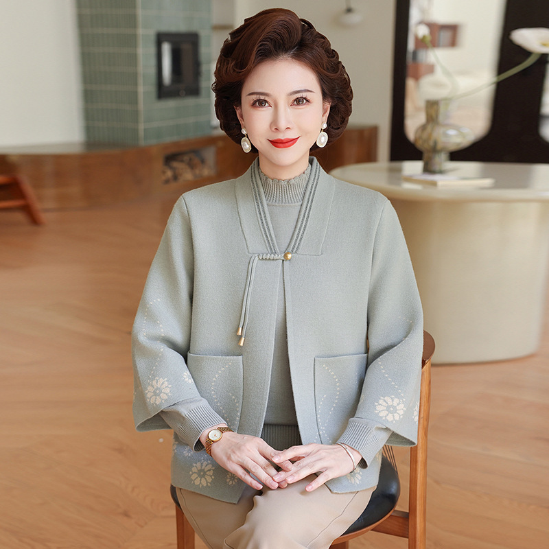 2025新款妈妈秋装针织两件套上衣洋气中老年女装春秋时尚开衫外套|undefined
