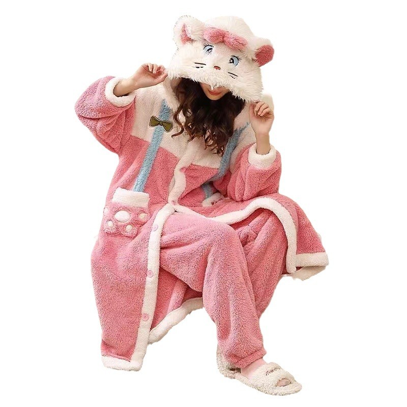 미코 귀여운 메리 고양이 후드 산호 양털 나이트 가운 여성의 겨울 새로운 2024 NIGHTDRESS 홈 옷 세트