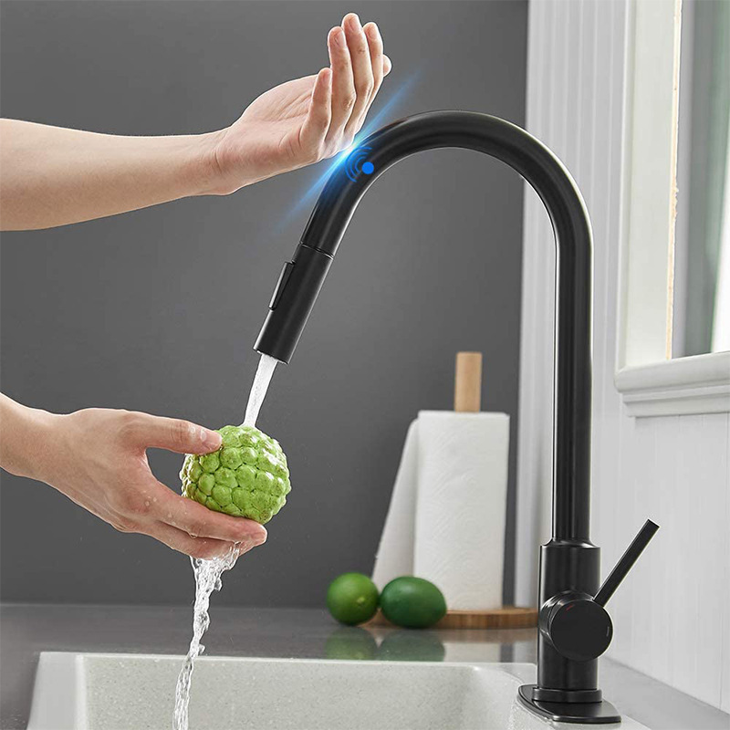 Kitchen intelligent touch rotating pull hot and cold water faucet induction retractable splash-proof vegetable basin kitchen faucet