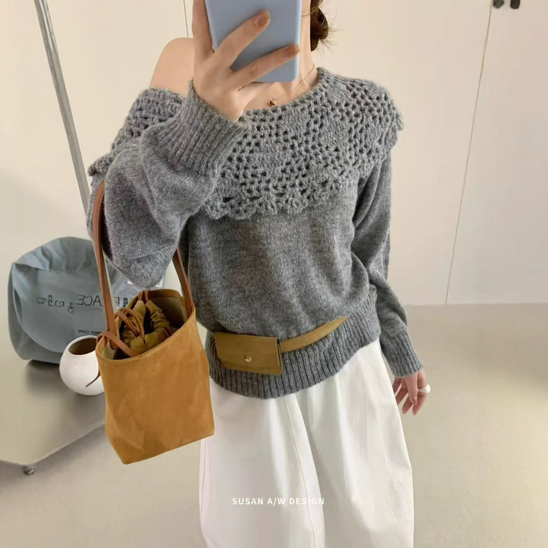 跨境东南亚女韩版早秋新款净色针织复古镂空格子翻领休闲长袖毛衣|undefined