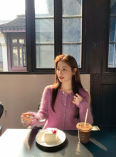 韩系甜美软糯马海毛针织衫女秋季新款紫色小香风亮片圆领外套上衣