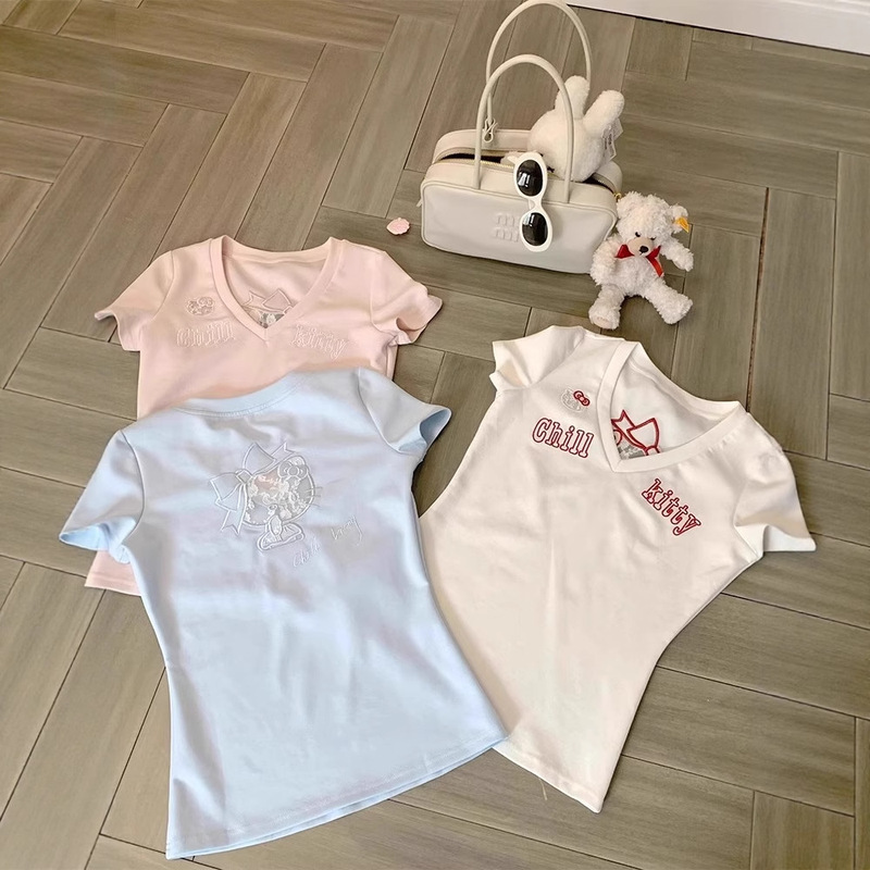 Pure Lust Style Cut Out Lace Kitty Cat Short-Sleeved T-Shirt Women's Summer Slimming Look V-Neck Sweet Sexy Short Top