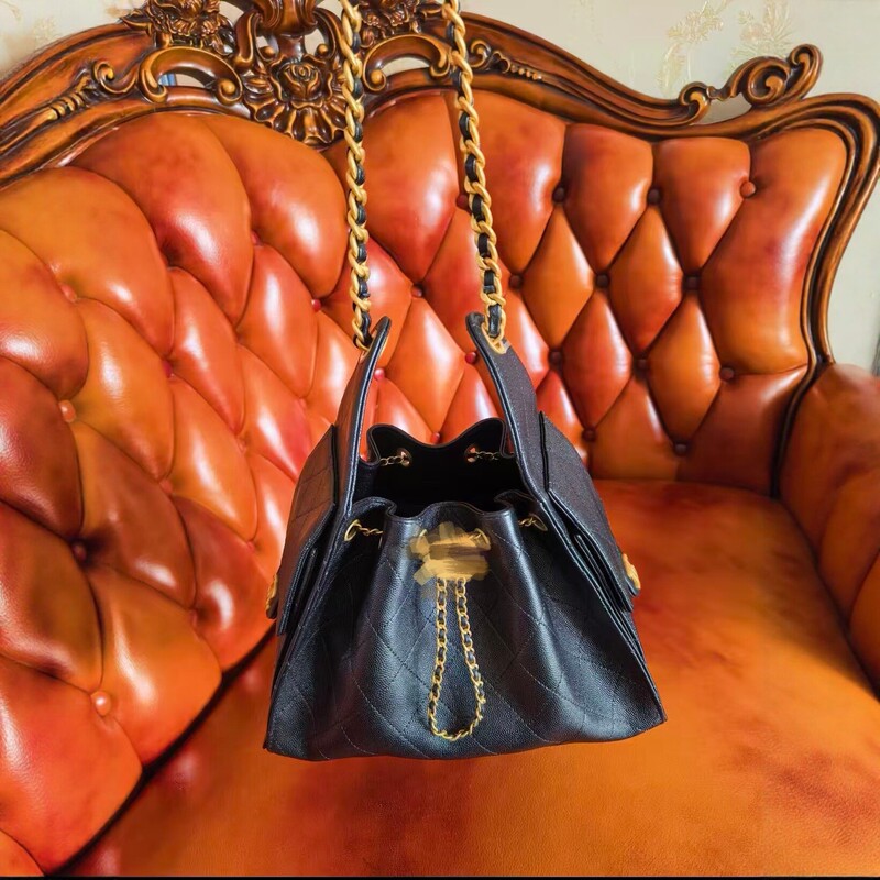 25Bag Small Chanel-Style Quilted Chain Bucket Bag, Genuine Leather Shoulder Underarm Bag, High-End Fashion Drawstring Handbag, 25C Bag