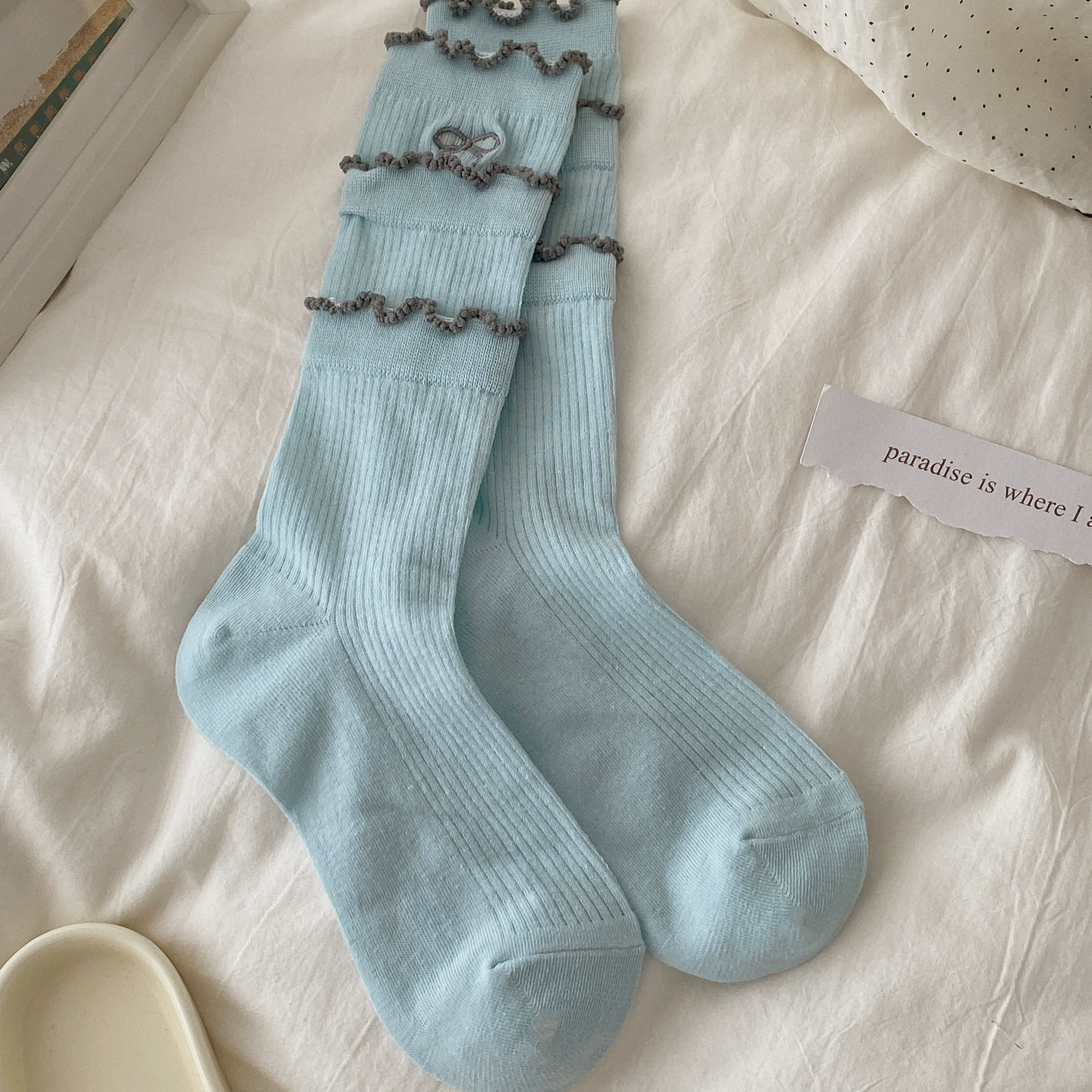 Breathable white summer thin knee socks, mid-length