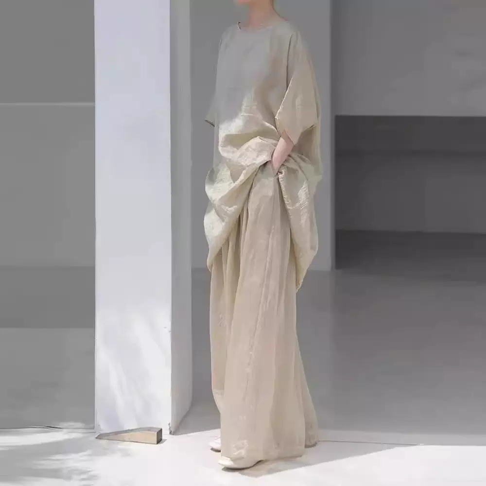 天丝亚麻褶皱设计感小众上衣罩衫女中长款宽松上衣国风改良长袍y