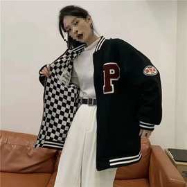 格子棒球服女春秋年新款港味复古学生宽松两面穿外套潮