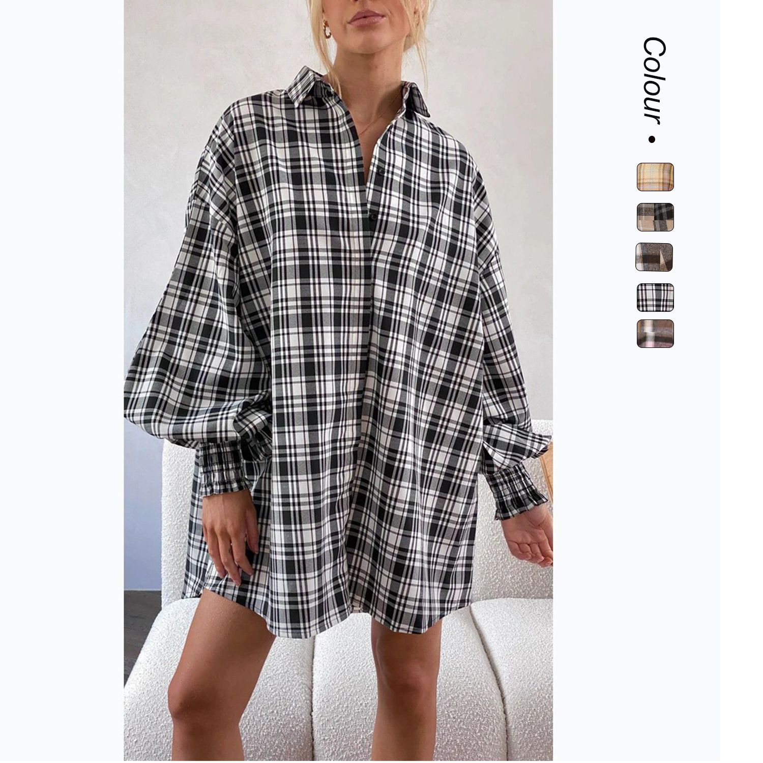 Moda casual 25 años de comercio exterior europeo y americano transfronterizo Amazon otoño e invierno camisa de manga larga con mangas de linterna a cuadros 22120