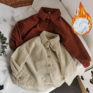 Vintage and Tonal Children's Spring Autumn and Winter Long Sleeve Shirt Corduroy Loose fleece-lined Top for Boys and Girls