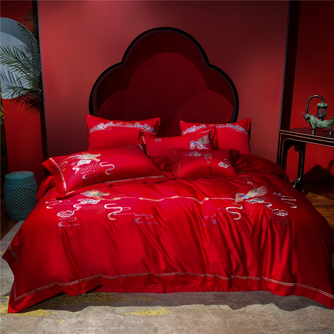 Modern Wedding Red Phoenix Embroidery Bedding And Bedding Wedding Festive High-end Pure Cotton Four-piece Home Textile Set