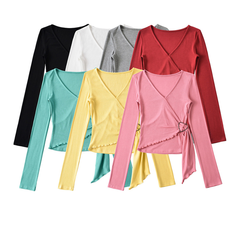 Sweet Girly Sexy V Neck Heart Button Long-Sleeved T-Shirt Spring and Summer New Asymmetrical Design Slim Bottoming Top Sweet Girly Sexy V Neck Heart Button Long-Sleeved T-Shirt Spring and Summer New Asymmetrical Design Slim Bottoming Top