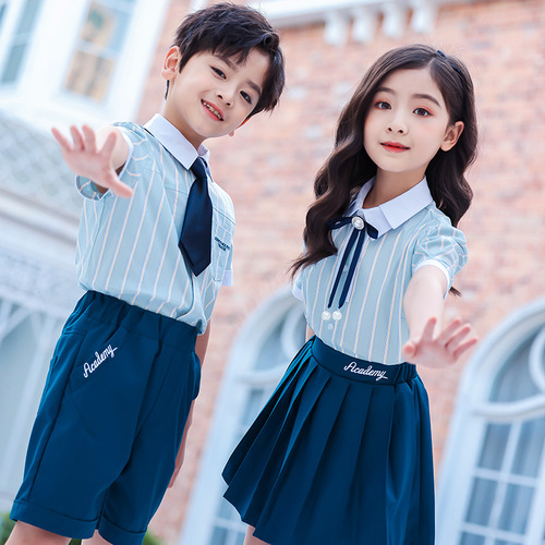 Blue England style school uniforms for  kids boys girls Kindergarten stage performance phtoos shooting suit short sleeves school graduation choir performance outfits for babay
