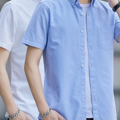 Summer and Autumn Men's Oxford Cloth Short-Sleeve Solid Color Collared Shirt for Youth Business Casual Wear, Slim Fit Fashionable Matchable Top