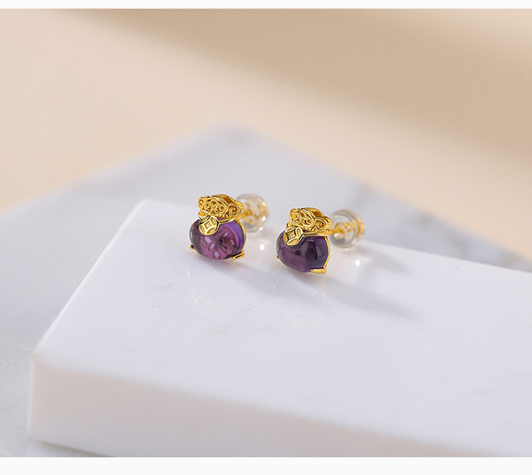 Bông tai bạc S925 đá tự nhiên hình túi tiền may mắn — Mô hình Citrine chi tiết 4