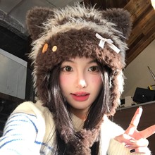 可爱猫耳朵蝴蝶结毛绒护耳帽女秋冬2025新款防寒保暖显脸小雷锋帽