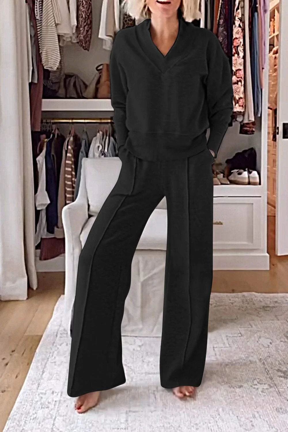 Ensemble deux pièces uni pour femme, manches longues, décontracté, confortable, idéal pour l'intérieur, style automne-hiver, style européen et américain._voghion.com