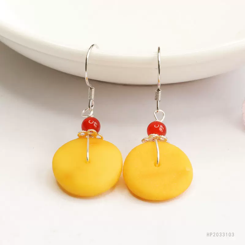 眷钰 天然琥珀蜜蜡平安扣S925银耳钩耳环女工厂直播代发S2033103