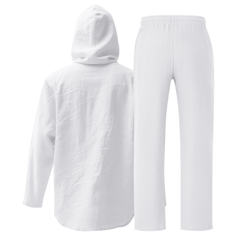 Men's Casual Breathable Linen Hooded Long Sleeve Shirt Cardigan Spring Summer Style Loose Fit Set_viptrois.com