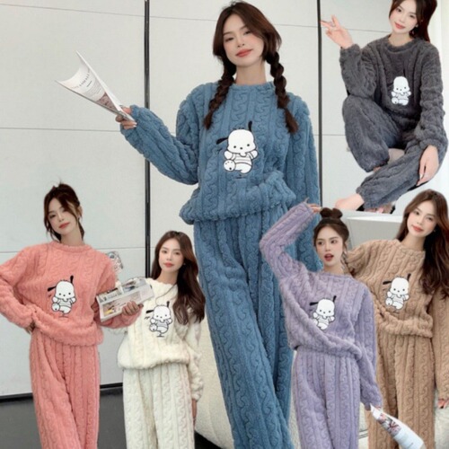 Coral Fleece Pajamas for Women - Autumn/Winter Thick Plush Flannel Cute Homecoming Set - Oversized Long-Sleeve Fashion Cardigan Suit