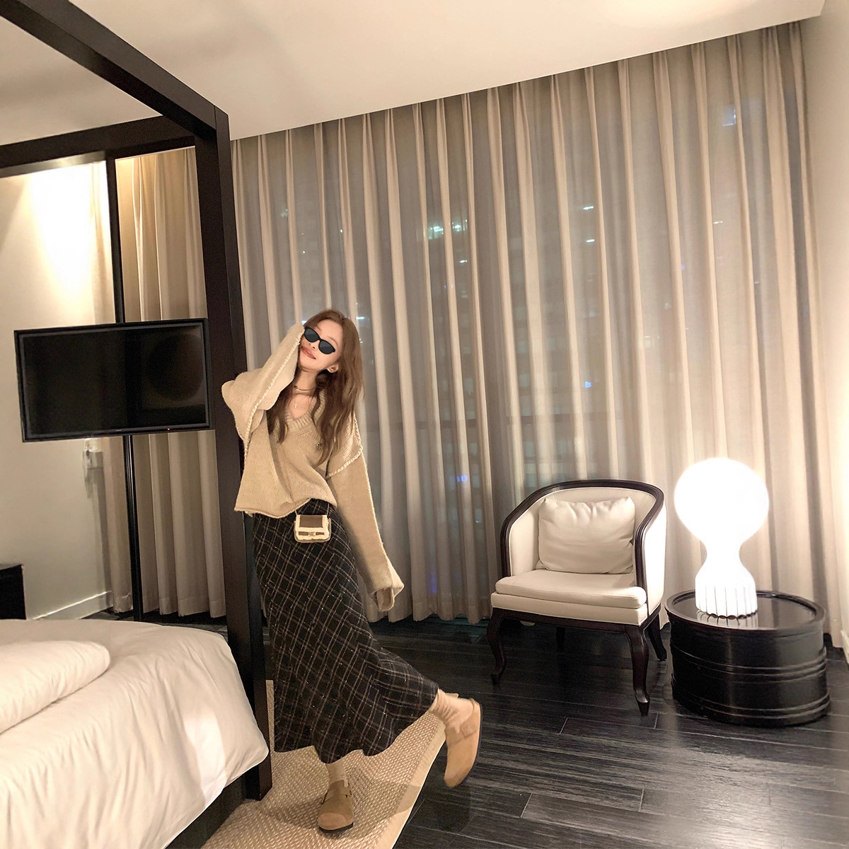 YUYUREAL- 怎么会有这么适合秋日的 格纹鱼尾裙高腰格子半身长裙