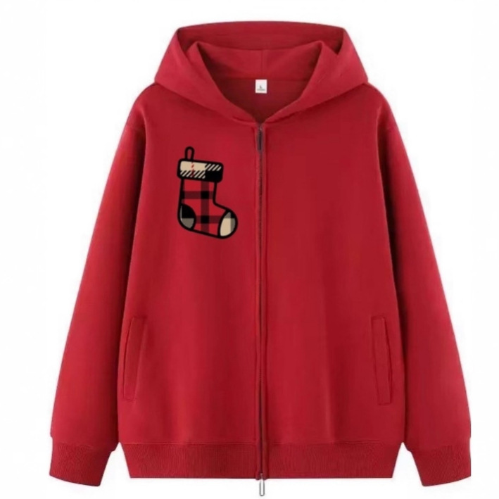 Cross-Border Christmas Style Red Hooded Sweatshirt Jacket Plaid Christmas Socks Autumn and Winter Men's and Women's Warm Zipper Jacket