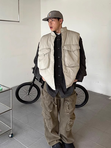 Vintage American-style retro brand large pocket solid color denim jacket cotton winter warm thick windproof sleeveless top for men and women