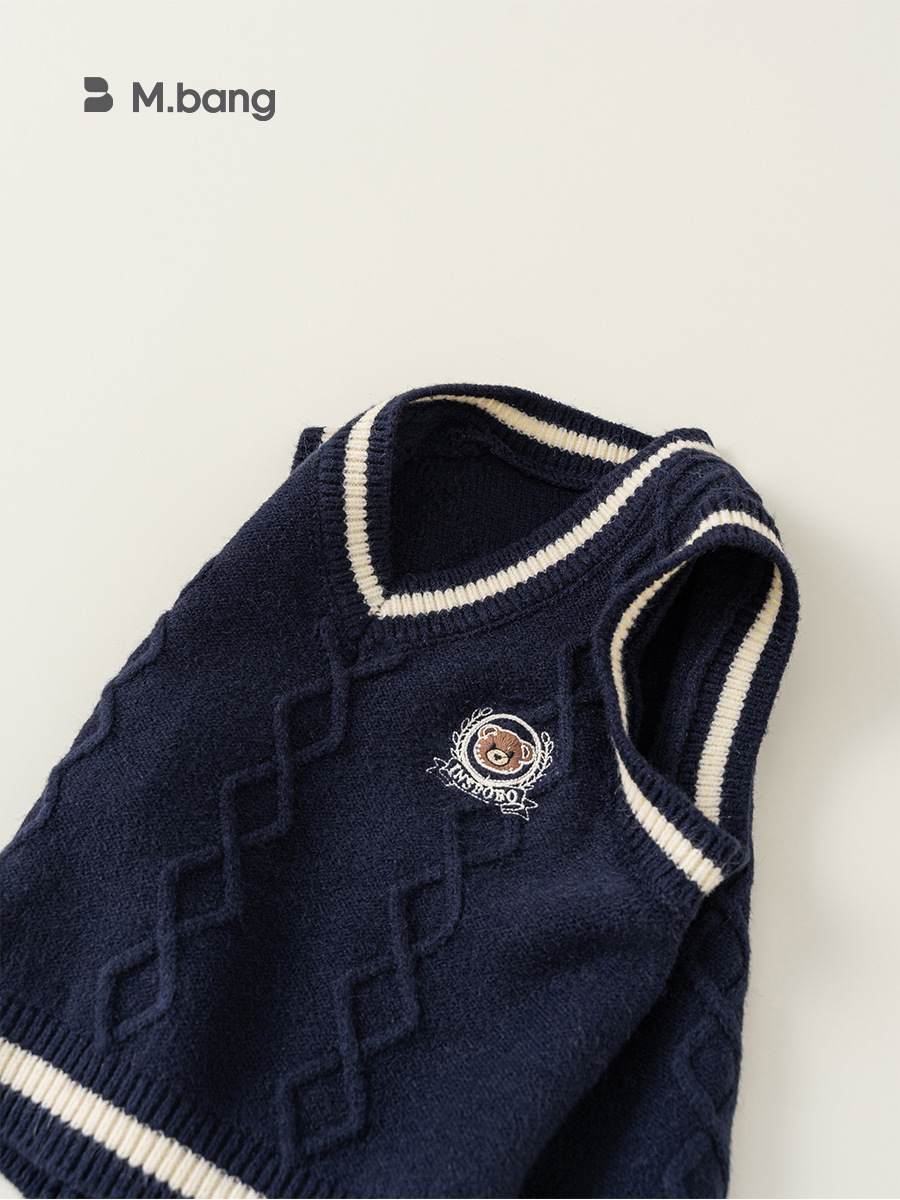 Yoobao ropa infantil chaleco de punto para niños otoño nuevo estilo de escuela de niños oso bordado V-collar chaleco de contraste