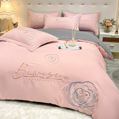 Skin-friendly cotton brushed four-piece set, light luxury embroidered brushed bed sheets, four-piece set, wholesale solid color bedding