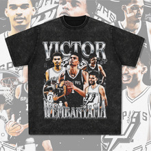 欧美复古文班亚马Wemby印花短袖T恤水洗重磅小领口圆领潮男长袖