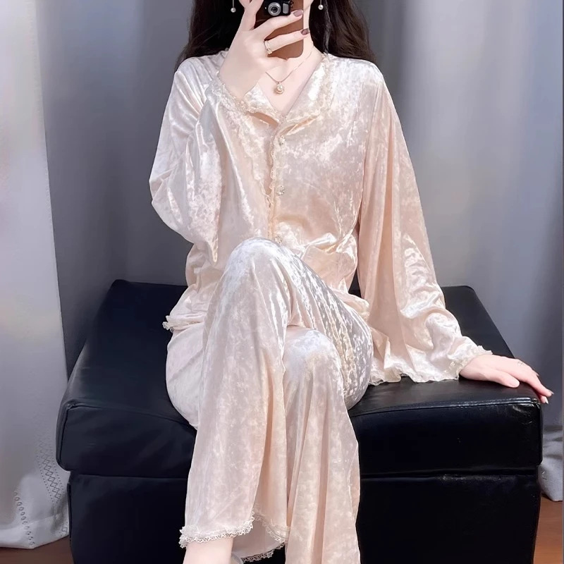 春秋季金丝绒睡衣女长袖长裤套装秋冬季仙女风公主风家居服可外穿|undefined