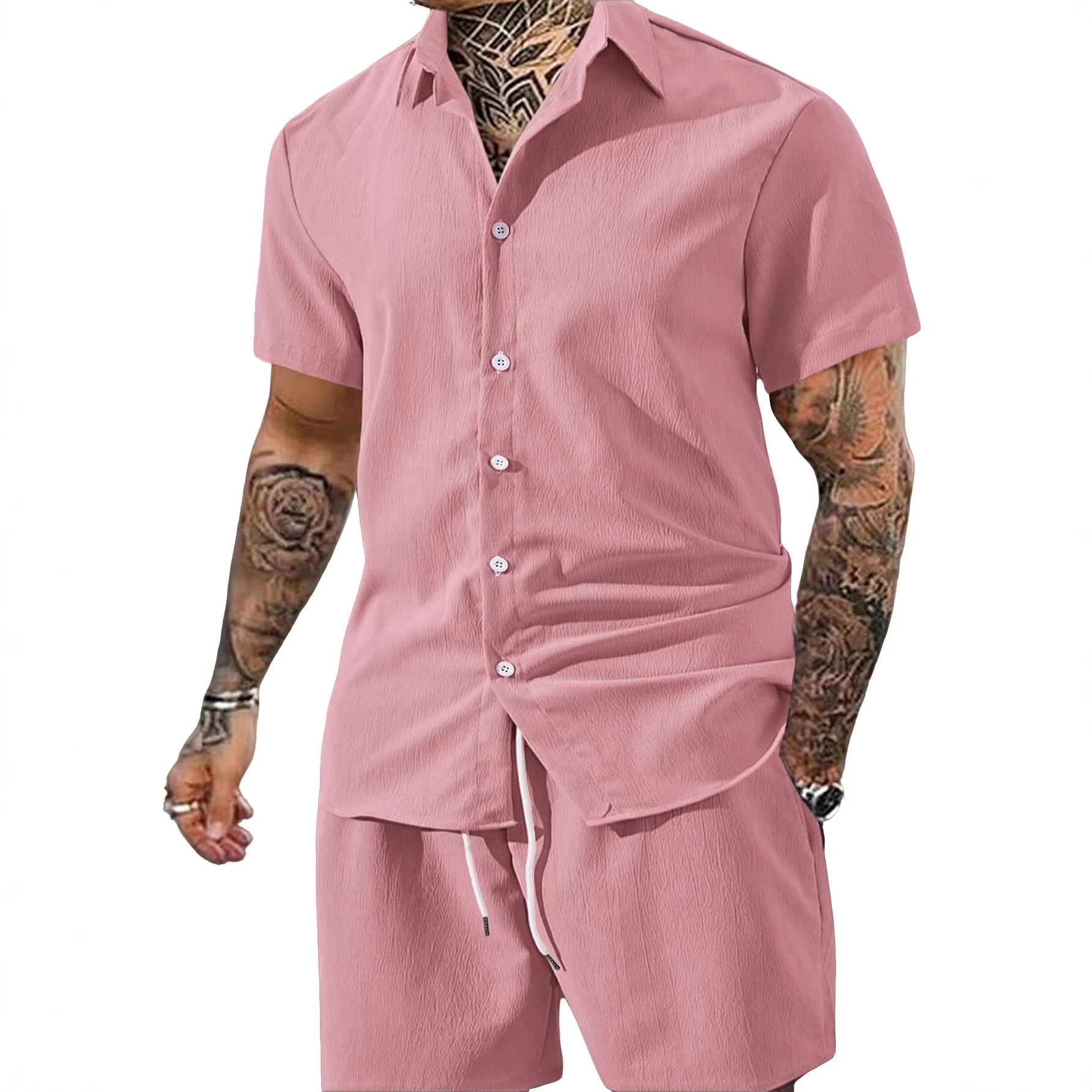 Nuevo transfronterizo Europa y América Amazon verano hombre nuevo color sólido camisa de botón de solapa de manga corta pantalones cortos set hombre