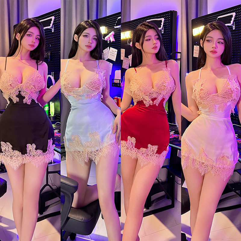 밤 듣기 향 섹시한 속옷 등이없는 잠옷 유혹 제조 업체 도매 레이스 교수형 목 바디 쉐이핑 원피스 잠옷 홈 의류