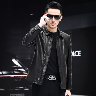 2025 Autumn and Winter New Haining Genuine Leather Jacket Men's First Layer Cowhide Short Lapel Leather Jacket Single Leather Jacket
