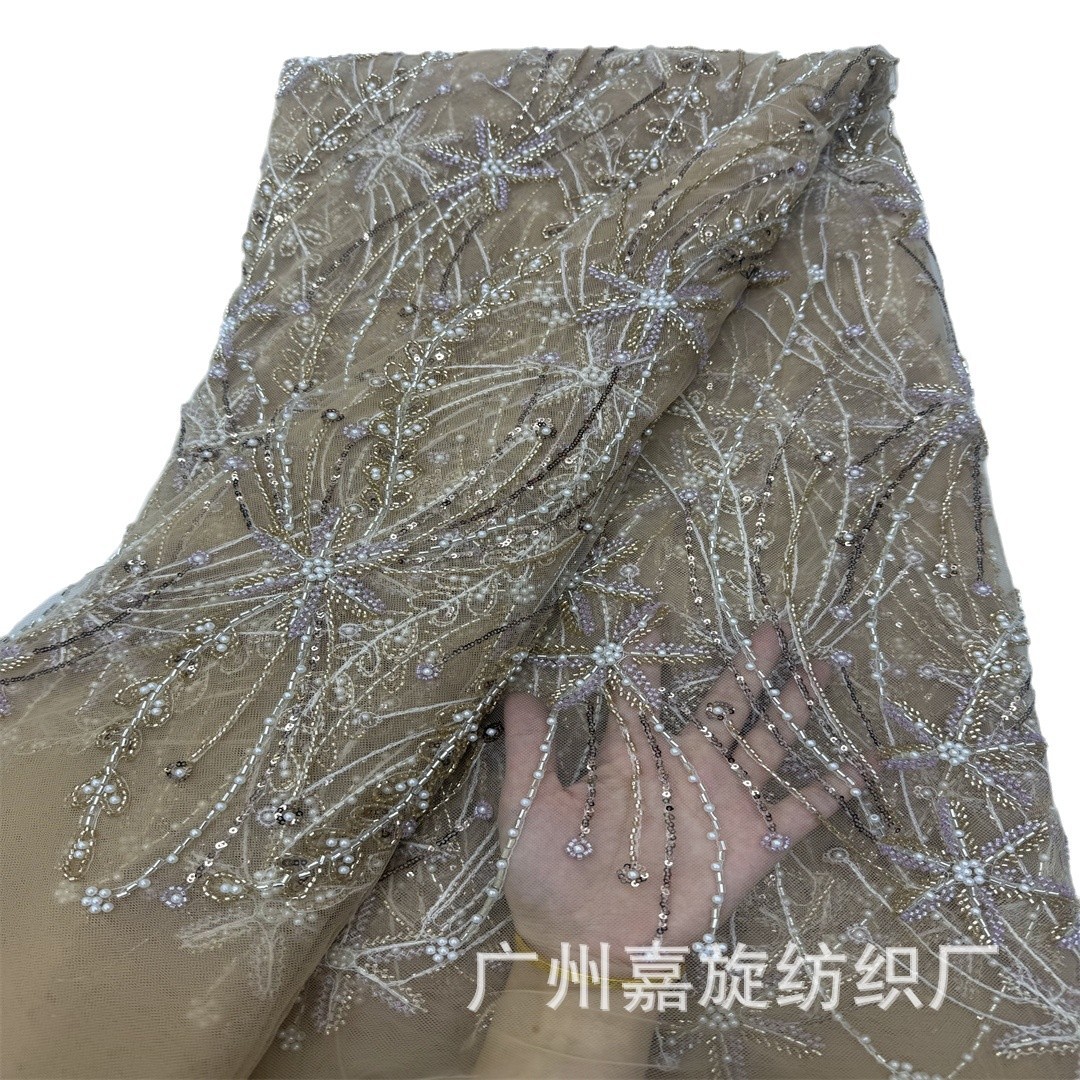 Tejido de malla de perlas de trabajo pesado pequeño diseño fresco de perlas de tubo bordado tela vestido de boda vestido de desfile