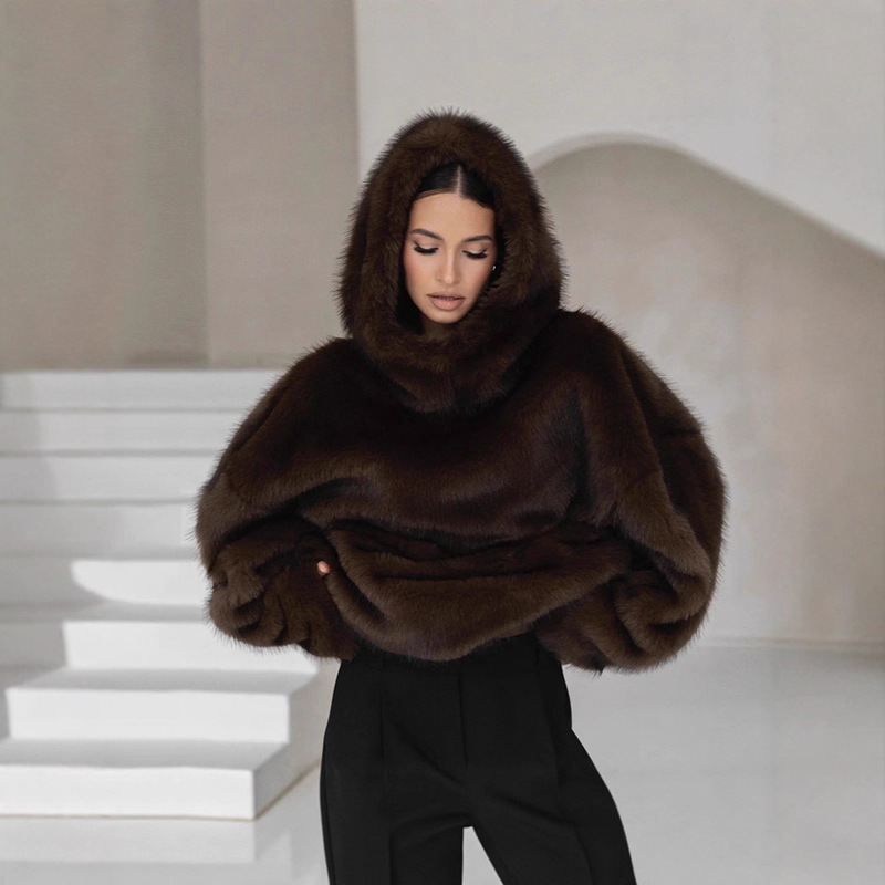 Cross-Border European and American Women's Clothing 2025 Winter New Eco-Friendly Fur Coat Women's Loose Faux Fox Fur Hooded Top
