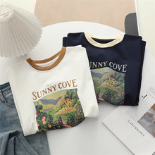 春夏复古油画印花撞色圆领短袖T恤藏青色显瘦百搭打底上衣tee女