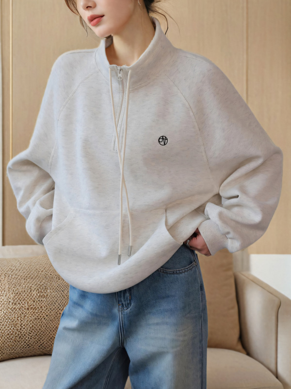 卡其绿长袖半拉链抽绳卫衣女2025秋冬新款休闲运动风宽松套头上衣|undefined