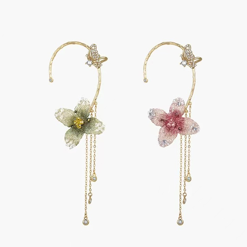 New Sweet and Super Fairy Embroidered Flower Tassel Earrings, Fashionable Niche High-Value Diamond-Encrusted Butterfly Pierced Earrings