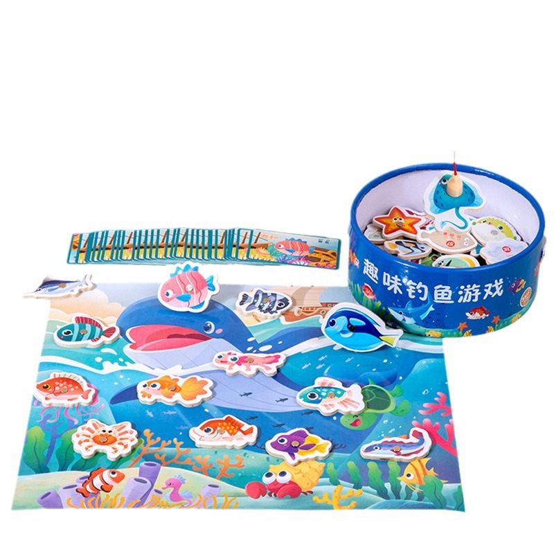 Diversión de madera barril magnético pesca marina juego de cartas juego ejercicio coordinación mano-ojo juguetes educativos