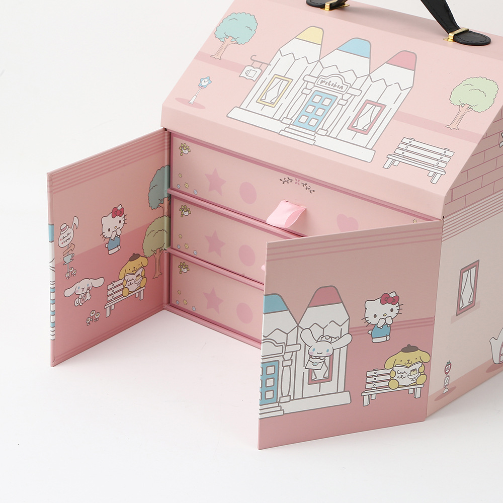 Caja de regalo de doble puerta de dibujos animados Caja de almacenamiento de joyas de chicas Caja de embalaje de regalos Caja de transporte de tres capas Caja al por mayor