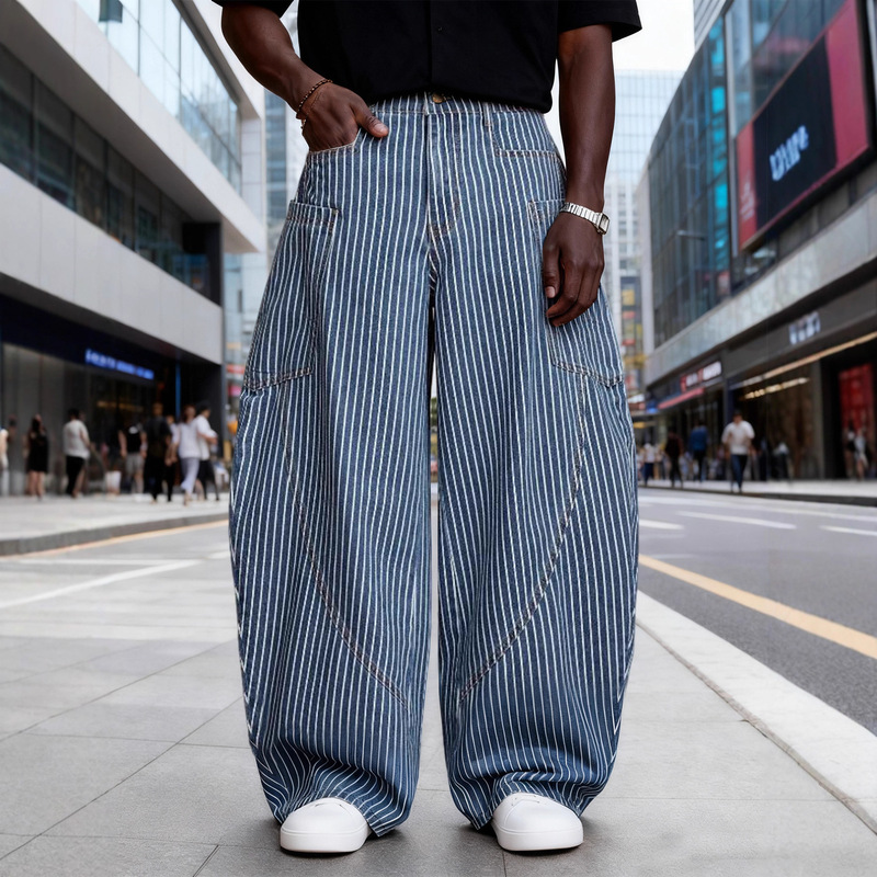 Vintage Light Blue Striped Wide-Leg Jeans, Wide-Leg Floor-Length Pants, American-Style Loose Versatile High-Street Scimitar Long Pants, New Style Vintage Light Blue Striped Wide-Leg Jeans, Wide-Leg Floor-Length Pants, American-Style Loose Versatile High-Street Scimitar Long Pants, New Style