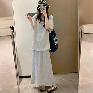 Plus Size Gentle Style Casual Suit for Women Summer 150kg Fat mm Loose Tassel Short-Sleeved Top + Skirt Two-Piece Set