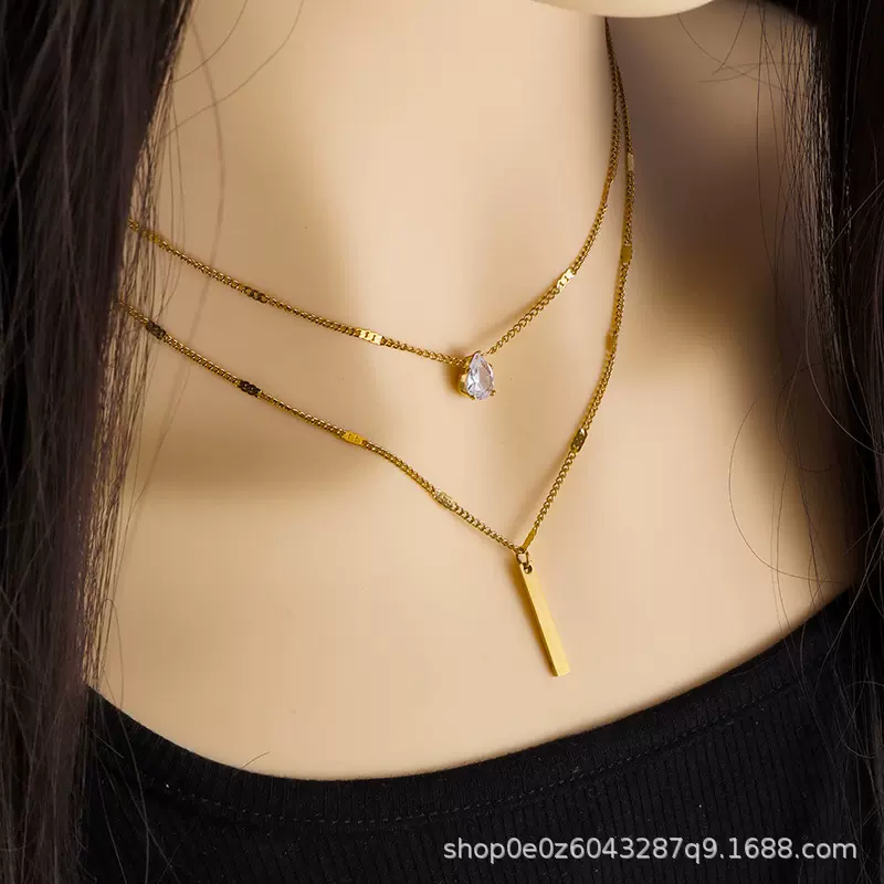 欧美跨境新款金色项链个性时尚双层叠戴水滴形小钻长流苏吊坠项链