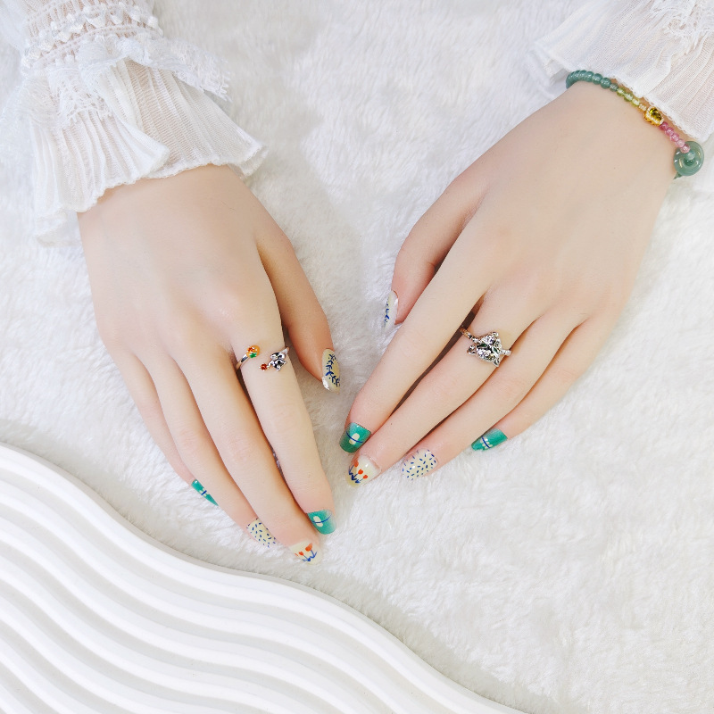 Decorative Field Cyan Impression Short Nail Art Lines Wearable Nail Pre-Made Nail Strips Full Size Fake Nails for Brightening