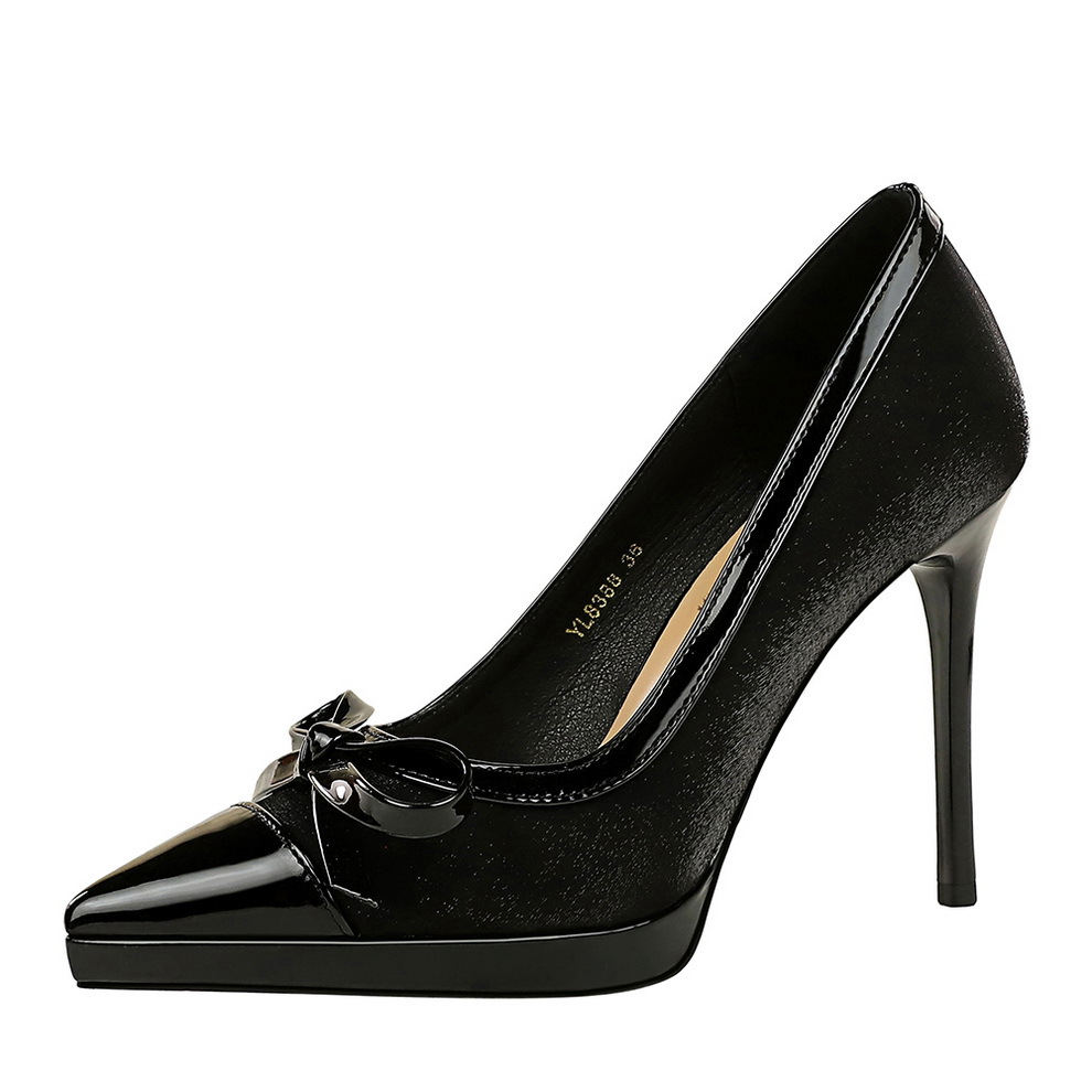 8388-H81 Wind Splicing Pointed Banquet Style High Heels Waterproof Platform Bow Shallow Mouth Sexy Single Shoes